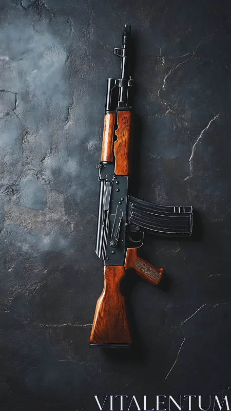 Kalashnikov-style rifle on dark stone textured surface.