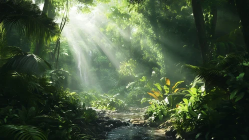 Enchanted forest stream bathed in ethereal light rays.
