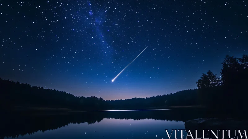 Meteor scribbles bright starlit script above midnight lake