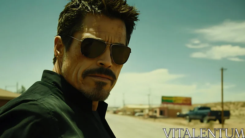 Man in sunglasses studies desert roadside under harsh light