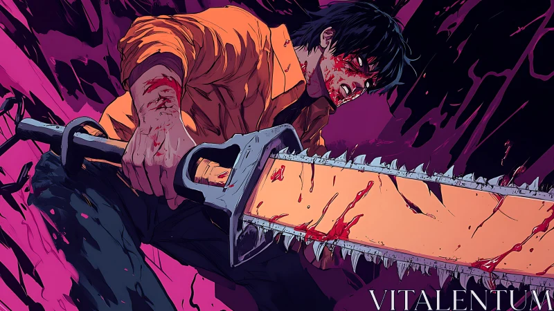 Dynamic anime action scene with bloodied chainsaw wielder.
