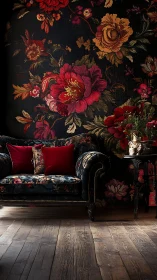 Velvet sofa against oversized floral tapestry in moody light.