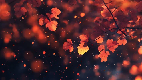 Autumn maple leaves with warm bokeh against dark background.