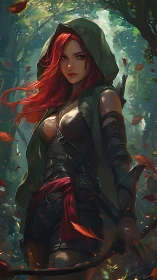 Digital painting of woodland rogue archer in dynamic vertical frame.