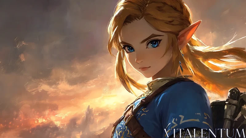 Elf-like warrior portrait is rendered against illuminated sky