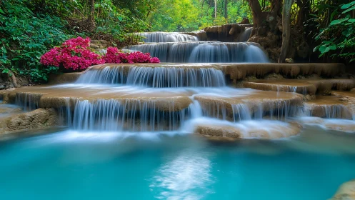Velvet cascades whisper over terraces of turquoise calm