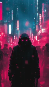 Hooded cyberpunk figure under neon haze in crowded alley.