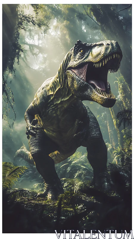Cinematic tyrannosaurus in volumetric jungle light study.