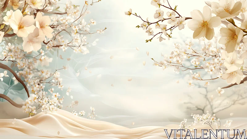 Digital render of flowering branches with soft petals and neutral background composition