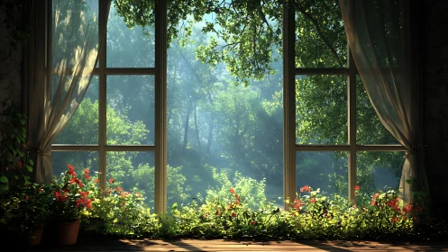 Large window view over dense green garden in daylight.