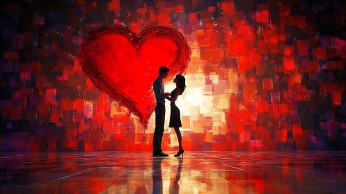 Silhouetted couple embracing beneath luminous digital heart.