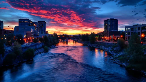 Riverfront city skyline glows beneath a vivid sunset sky