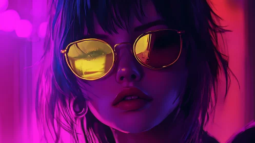 Neon lit portrait of woman in reflective yellow sunglasses.