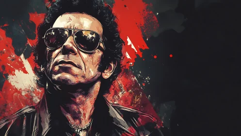 Stylized rock musician portrait with red abstract paint splashes.