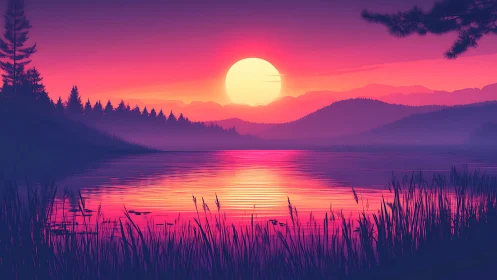 Radiant neon sunset bathes tranquil mountain lake in color.
