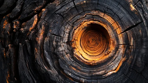 Charred tree cross-section with glowing amber core detail.