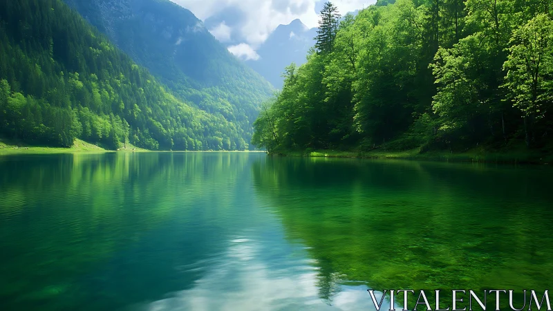 Green mountain lake with dense forest reflections.