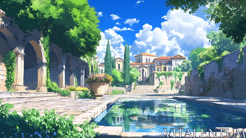 Sunlit Mediterranean courtyard pool rendered in anime clarity