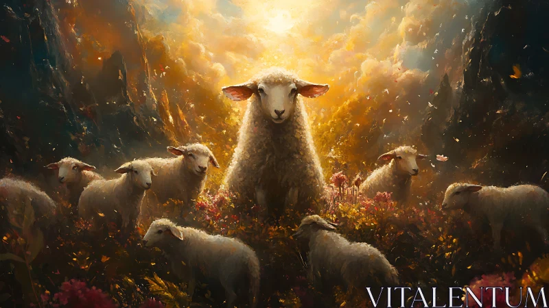 Sunlit lamb guardian crowned in a glowing meadow halo.