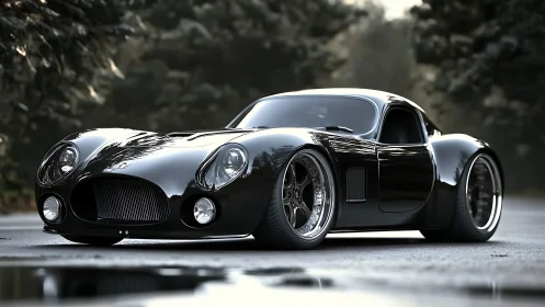 Low-slung black coupe with widebody aero and deep-dish alloy wheels