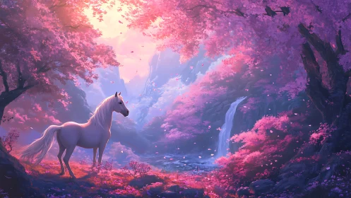 White horse under cherry blossom canopy near cascading falls
