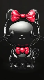 High-gloss black feline figurine with red bow specularity.