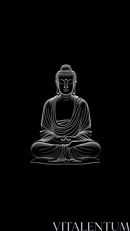 Minimalist Buddha line art glows on deep black field.