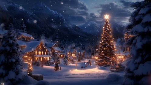 Snowy village square with large decorated Christmas tree.