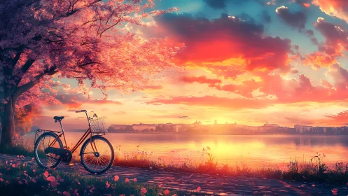 Bicycle under flowering tree beside lake at sunset.
