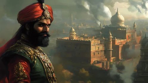 Regal sultan surveying a mist veiled golden citadel skyline.