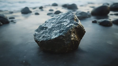 Wet coastal rock resting on smooth shoreline surface.