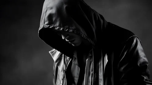 Hooded figure in shadowed leather, stark monochrome portrait.
