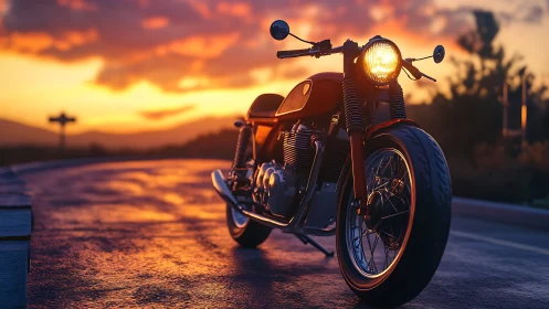Glowing motorcycle enjoys a quiet ride at colorful sunset