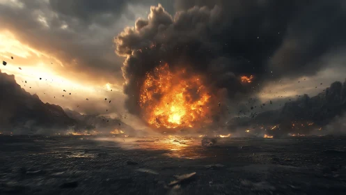 High-energy fireball detonation with volumetric smoke and debris field