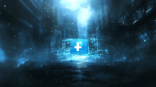 Futuristic medical data hub glowing in cyberpunk cityscape.