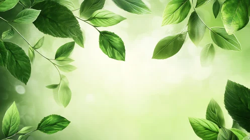 Sunlit green leaves frame soft bokeh forest glow