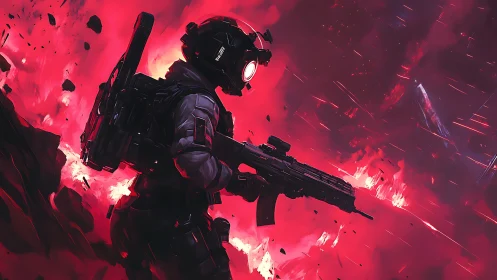 Armored space soldier advancing through red battlefield.