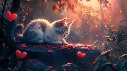 White feline figure positioned on surface amid floating heart shapes.