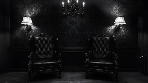Black leather armchairs anchor moody baroque lounge interior.