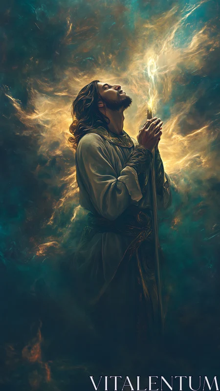 Praying robed figure illuminated by swirling celestial light