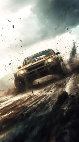 Rally car powers through muddy track under stormy clouds