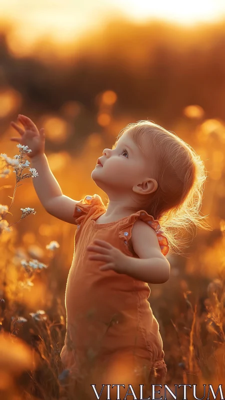 Toddler reaching toward wildflowers in warm sunset field.