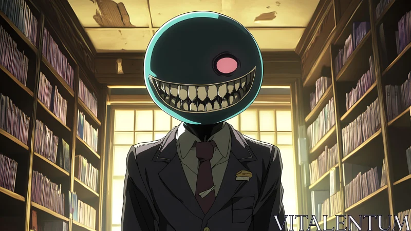 Smiling library guardian with an eerie, playful charm.