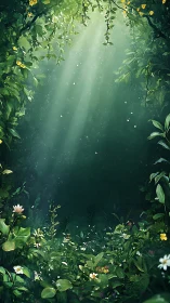 Luminous Forest Canopy With Radiant Volumetric Light Rays Through Suspended Botanical Elements