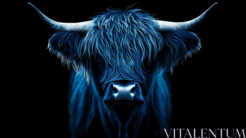 Neon blue highland bull portrait in dramatic low key lighting.