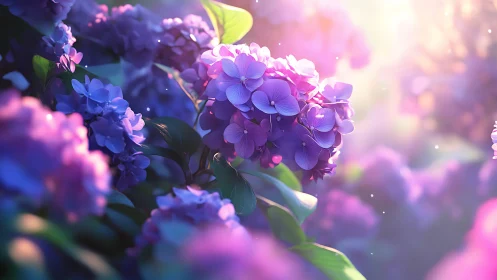 Luminous Purple Hydrangeas Blooming in Magical Light.