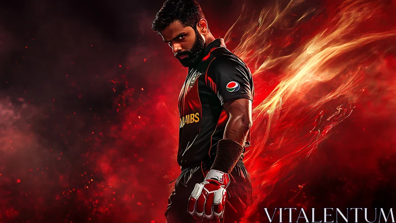 Cricket player stands in fiery red stadium haze