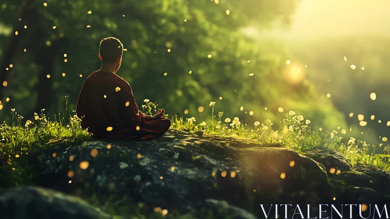 Young monk meditating on sunlit forest rock at sunset
