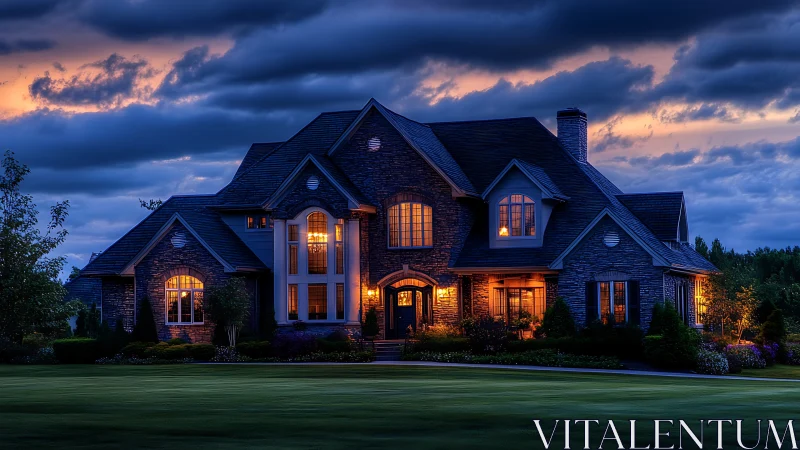 Stone-clad suburban residence at dusk with lit windows.