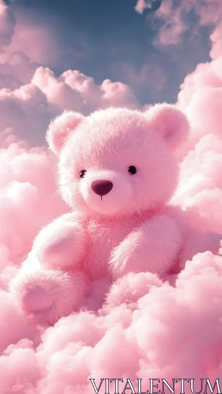 Plush bear model positioned within stylized pink cloudscape